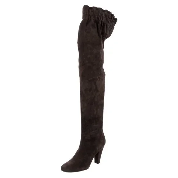 DOLCE & GABBANA suede over the knee THIGH BOOTS chocolate brown 37 6.5 scrunch - Picture 1 of 9